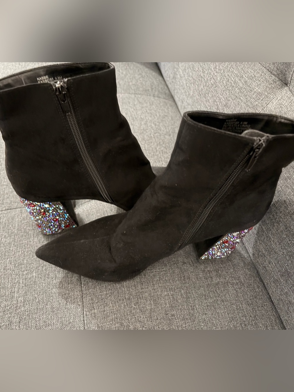 Betsey Johnson Black Suede Ankle Boots with Multicolor Jeweled Block Heel